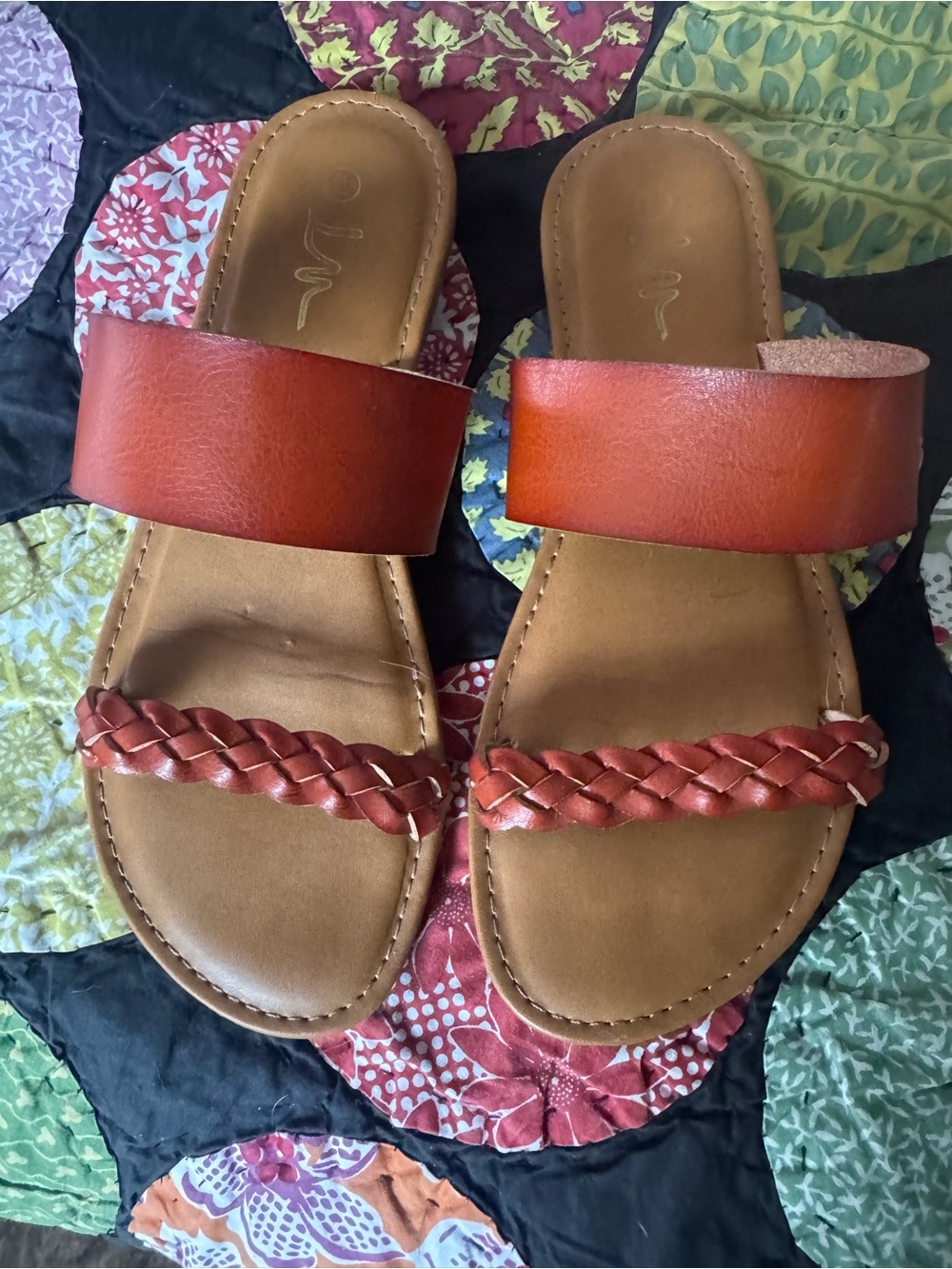 Braided Two-Band Slide Sandals in Brown Women's